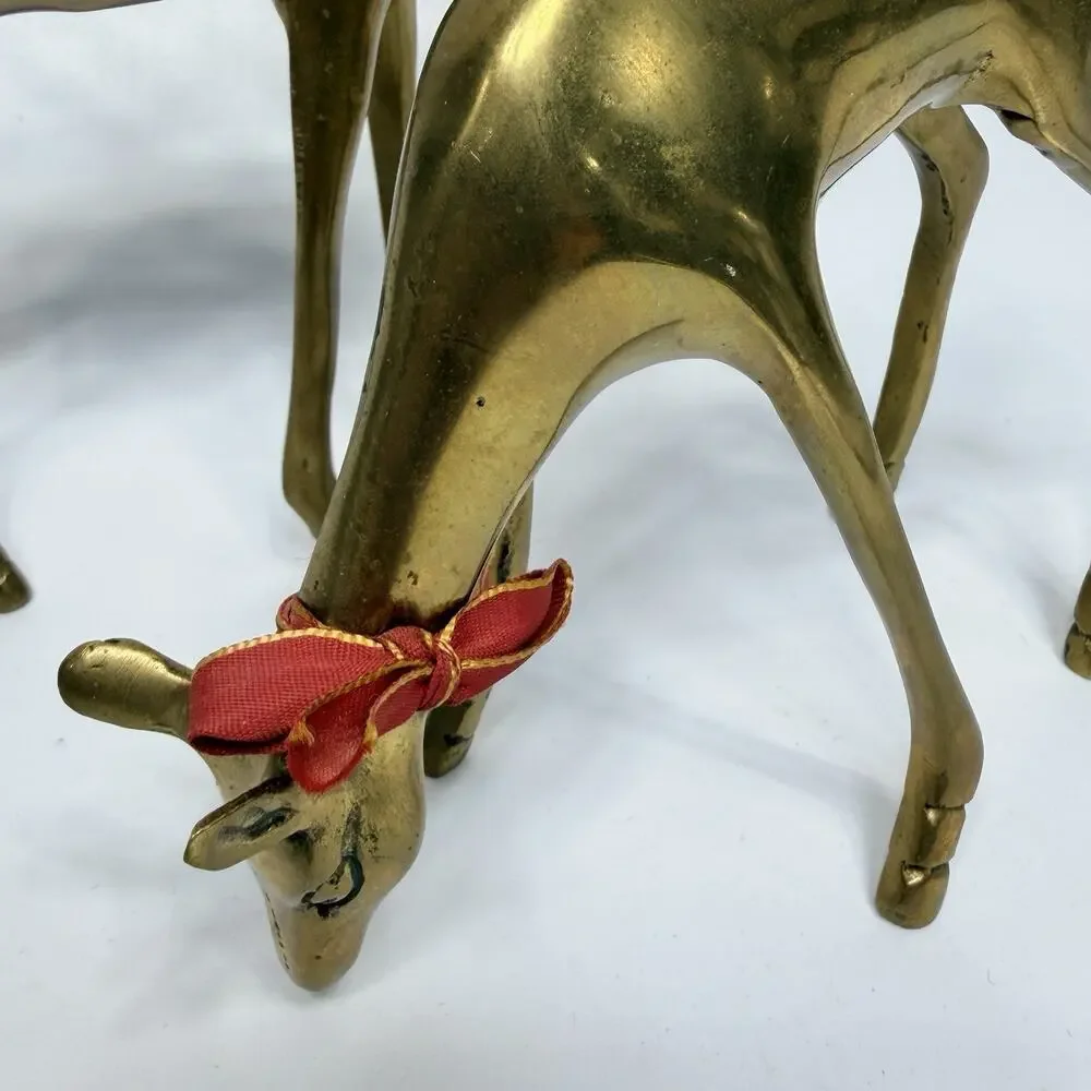 2 Vintage Brass Deer Figurines Buck Doe Reindeer Holiday Decor India MCM 6